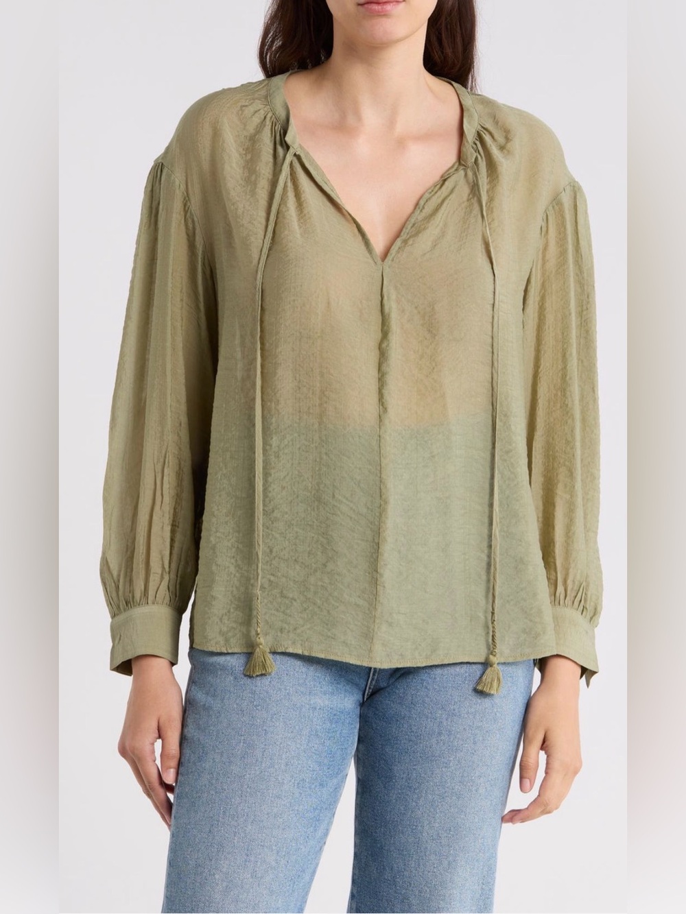 Vince Camuto Olive Green Peasant Blouse with Tassel Ties